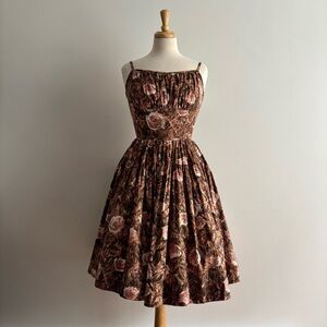 Vintage 1950s NELLY DON Brown with Pink Rose Print Dress / 25" waist